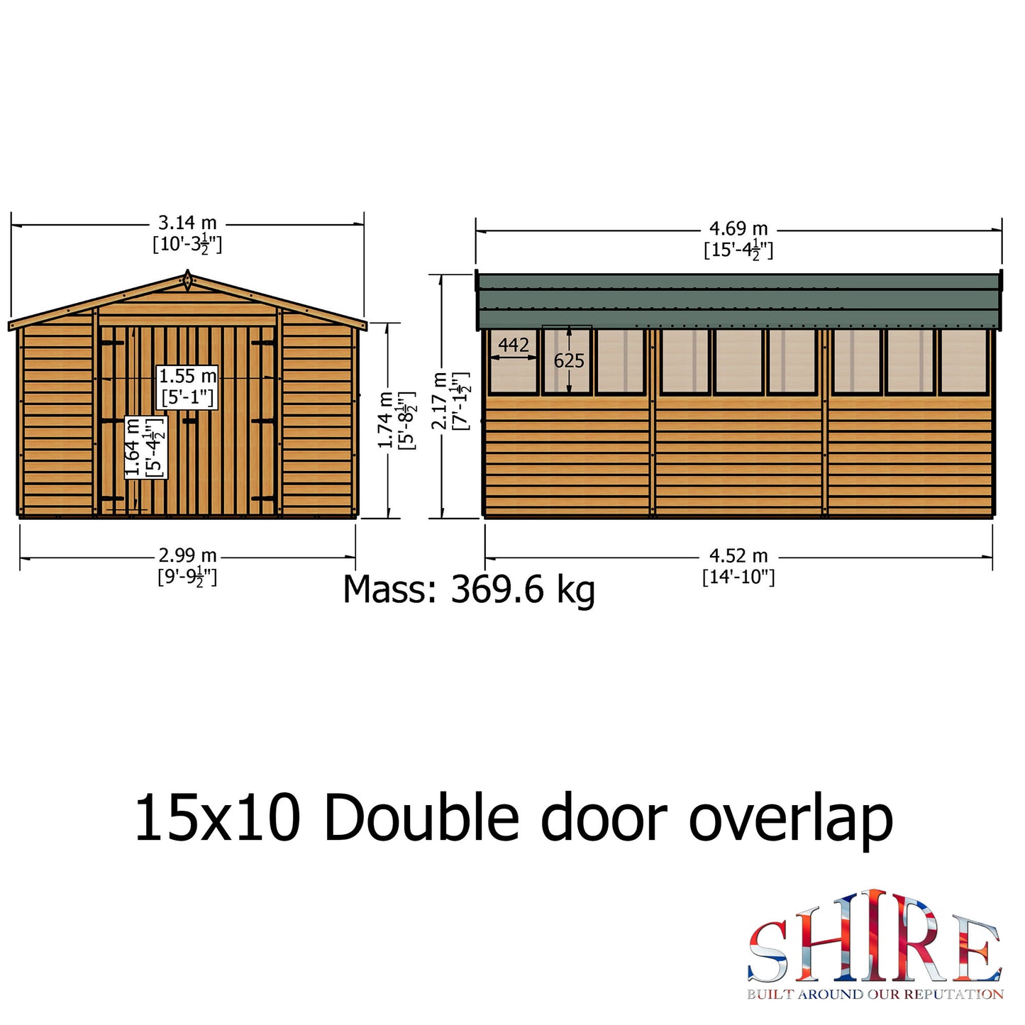 Shire Overlap Double Door 10x15 Dip Treated Wooden Garden Shed