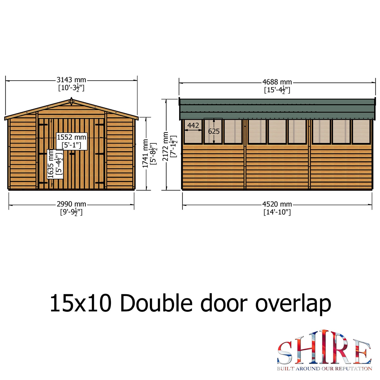 Shire Overlap Double Door 10x15 Dip Treated Wooden Garden Shed