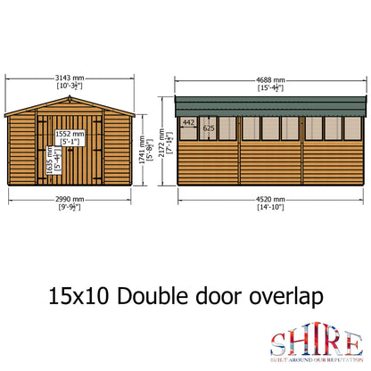 Shire Overlap Double Door 10x15 Dip Treated Wooden Garden Shed