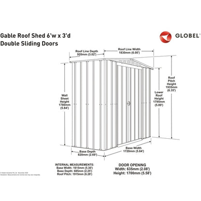 Globel 6x3ft Apex Metal Garden Shed - Grey