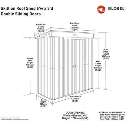 Globel 6x3ft Pent Metal Garden Shed - Green