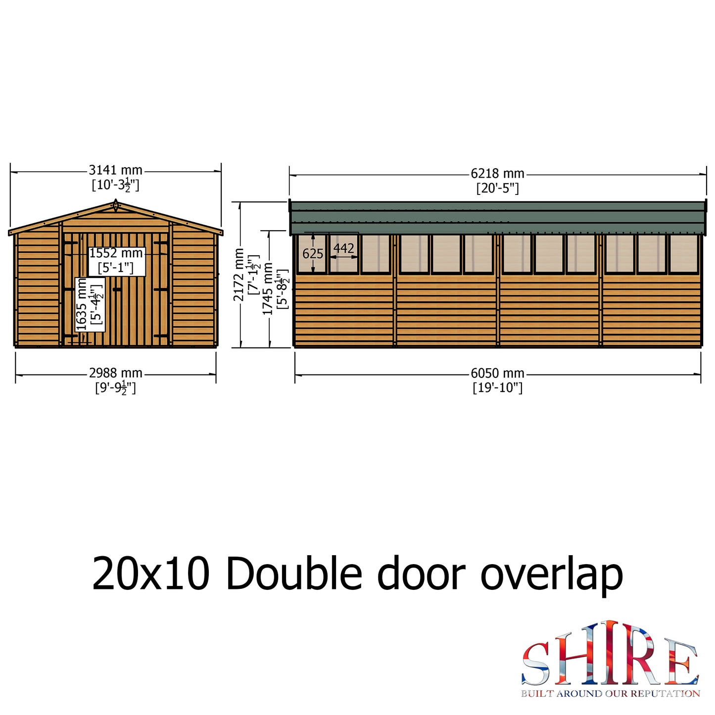 Shire Overlap Double Door 10x20 Dip Treated Wooden Garden Shed