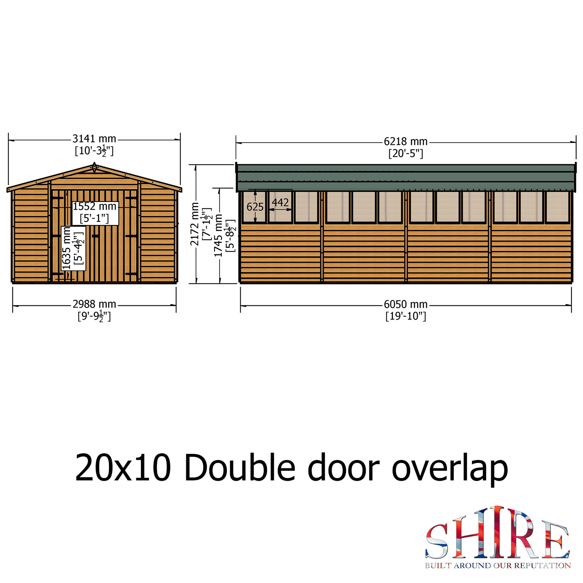 Shire Overlap Double Door 10x20 Dip Treated Wooden Garden Shed