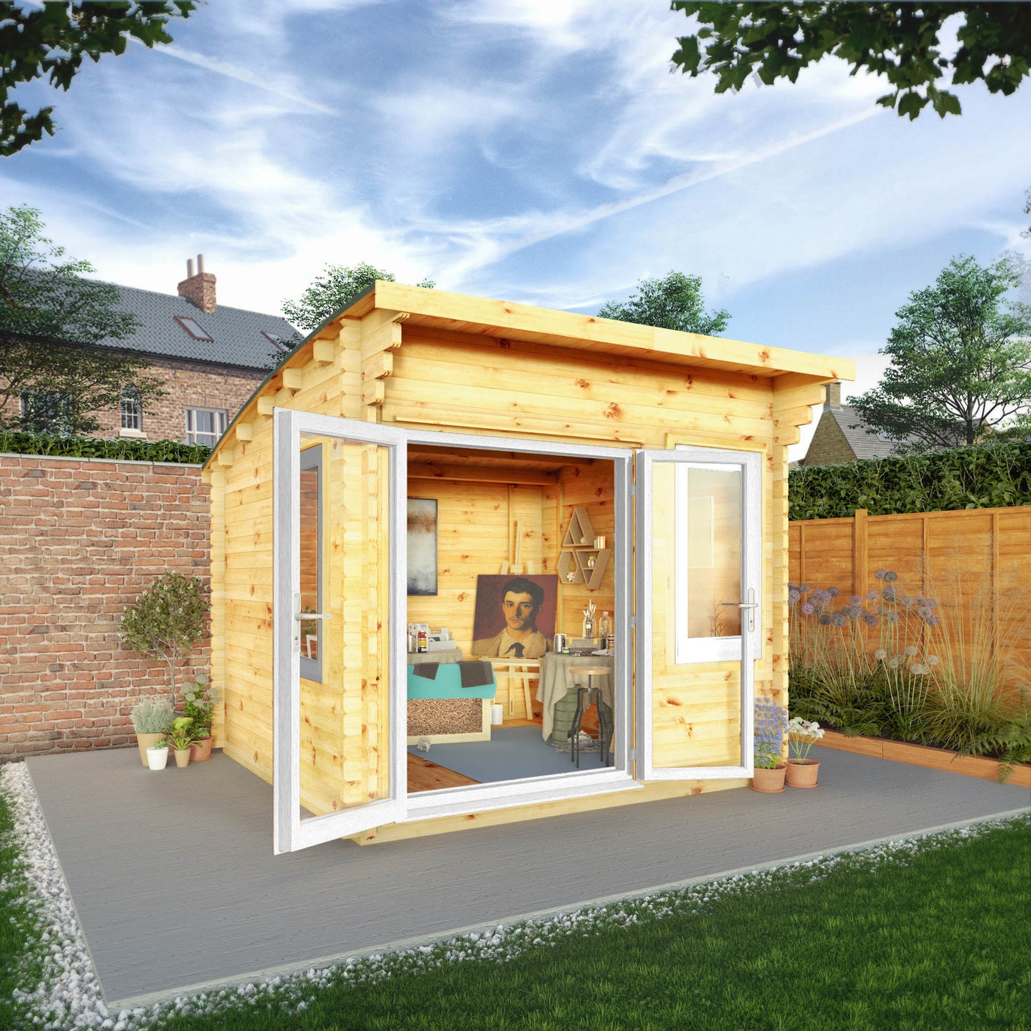 Mercia 3m x 3m Curved Roof Log Cabin - 44mm (UPVC Windows & Door) - White Log Cabin