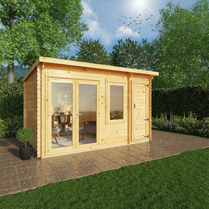 Mercia 4.1m x 3m Elite Pent Log Cabin With Side Shed - 28mm Log Cabin