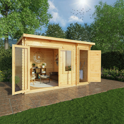 Mercia 4.1m x 3m Elite Pent Log Cabin With Side Shed - 28mm Log Cabin