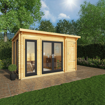 Mercia 4.1m x 3m Studio Pent Log Cabin With Side Shed - 44mm  (UPVC Windows & Door) - Grey Log Cabin