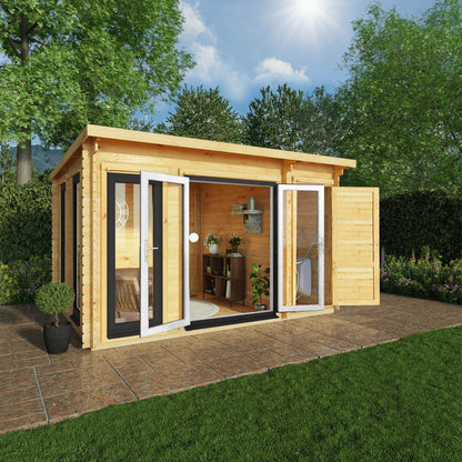 Mercia 4.1m x 3m Studio Pent Log Cabin With Side Shed - 44mm  (UPVC Windows & Door) - Grey Log Cabin