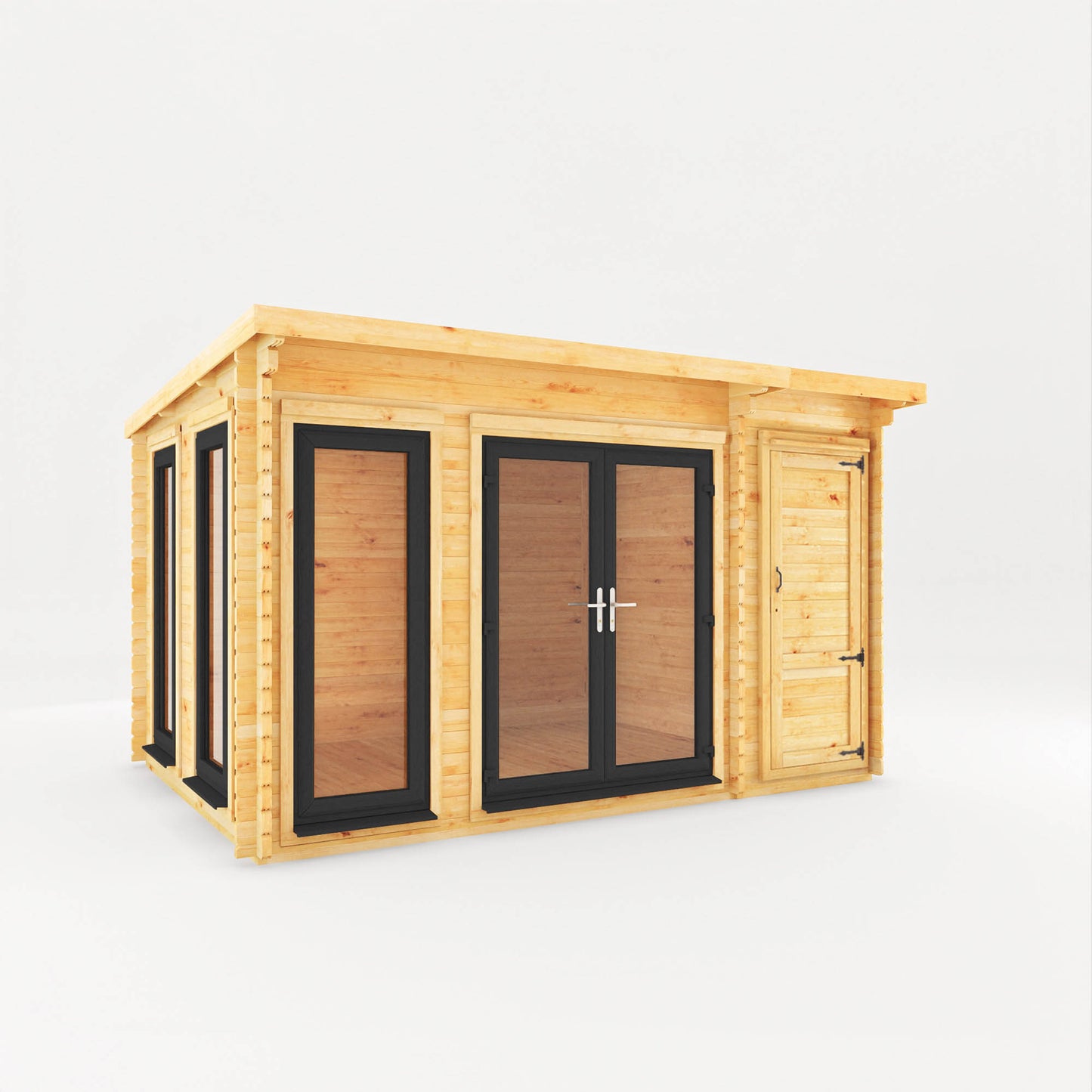 Mercia 4.1m x 3m Studio Pent Log Cabin With Side Shed - 44mm  (UPVC Windows & Door) - Grey Log Cabin