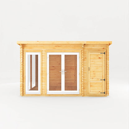 Mercia 4.1m x 3m Studio Pent Log Cabin With Side Shed - 44mm  (UPVC Windows & Door) - White Log Cabin