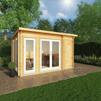 Mercia 4.1m x 3m Studio Pent Log Cabin With Side Shed - 44mm  (UPVC Windows & Door) - White Log Cabin