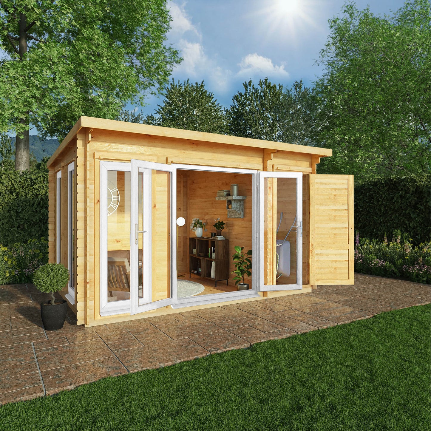 Mercia 4.1m x 3m Studio Pent Log Cabin With Side Shed - 44mm  (UPVC Windows & Door) - White Log Cabin