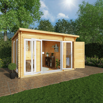 Mercia 4.1m x 3m Studio Pent Log Cabin With Side Shed - 44mm  (UPVC Windows & Door) - White Log Cabin