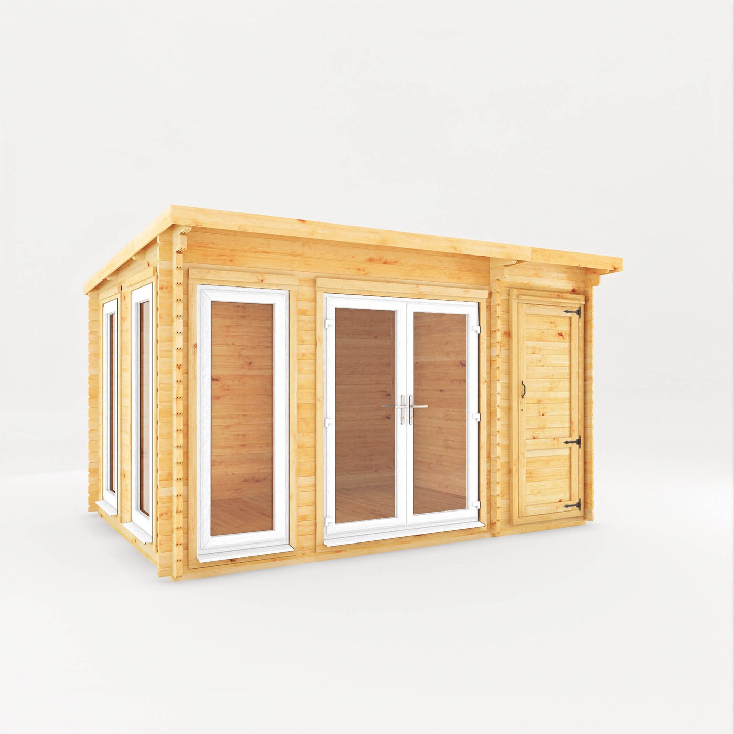 Mercia 4.1m x 3m Studio Pent Log Cabin With Side Shed - 44mm  (UPVC Windows & Door) - White Log Cabin