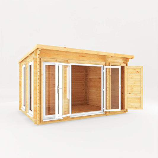 Mercia 4.1m x 3m Studio Pent Log Cabin With Side Shed - 44mm  (UPVC Windows & Door) - White Log Cabin