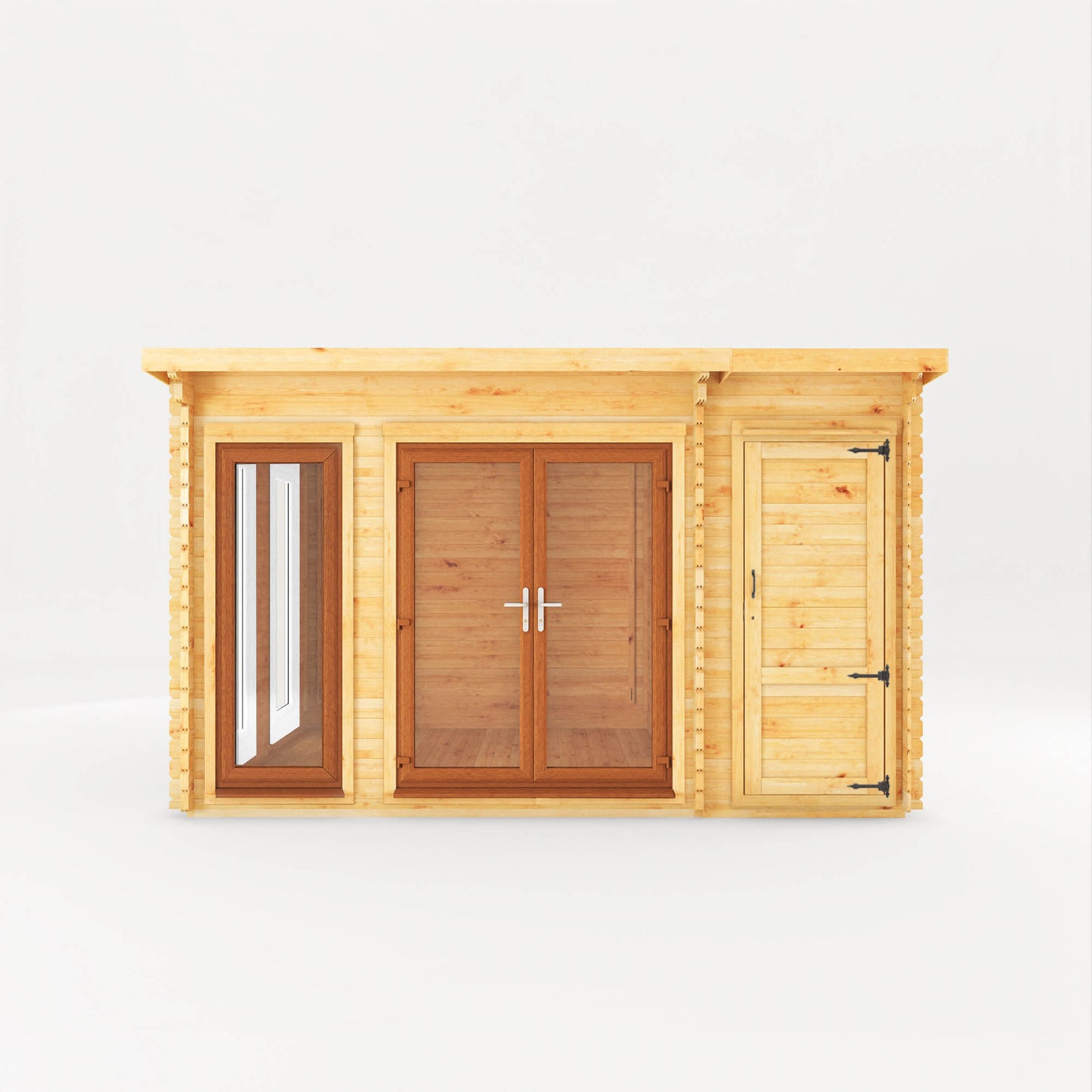 Mercia 4.1m x 3m Studio Pent Log Cabin With Side Shed - 44mm  (UPVC Windows & Door) - Oak Log Cabin