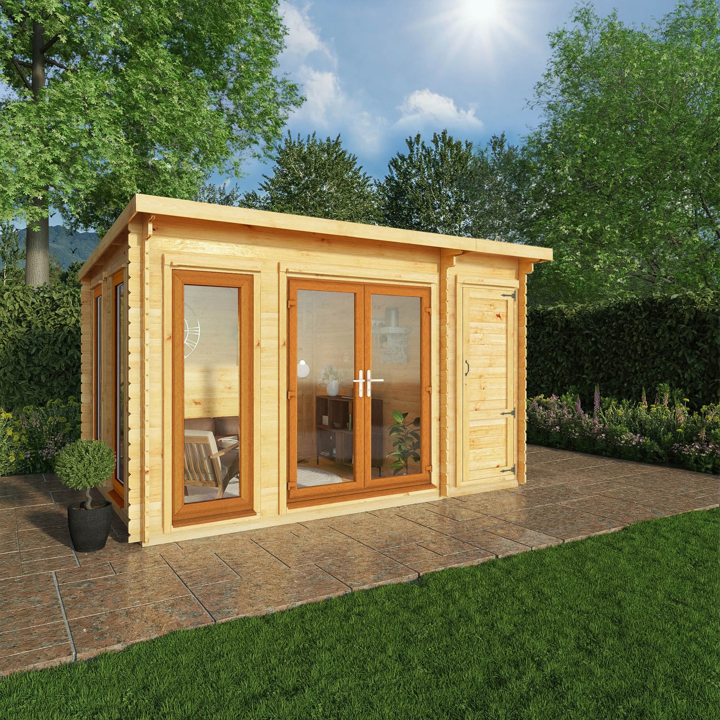 Mercia 4.1m x 3m Studio Pent Log Cabin With Side Shed - 44mm  (UPVC Windows & Door) - Oak Log Cabin