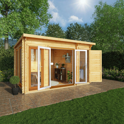 Mercia 4.1m x 3m Studio Pent Log Cabin With Side Shed - 44mm  (UPVC Windows & Door) - Oak Log Cabin