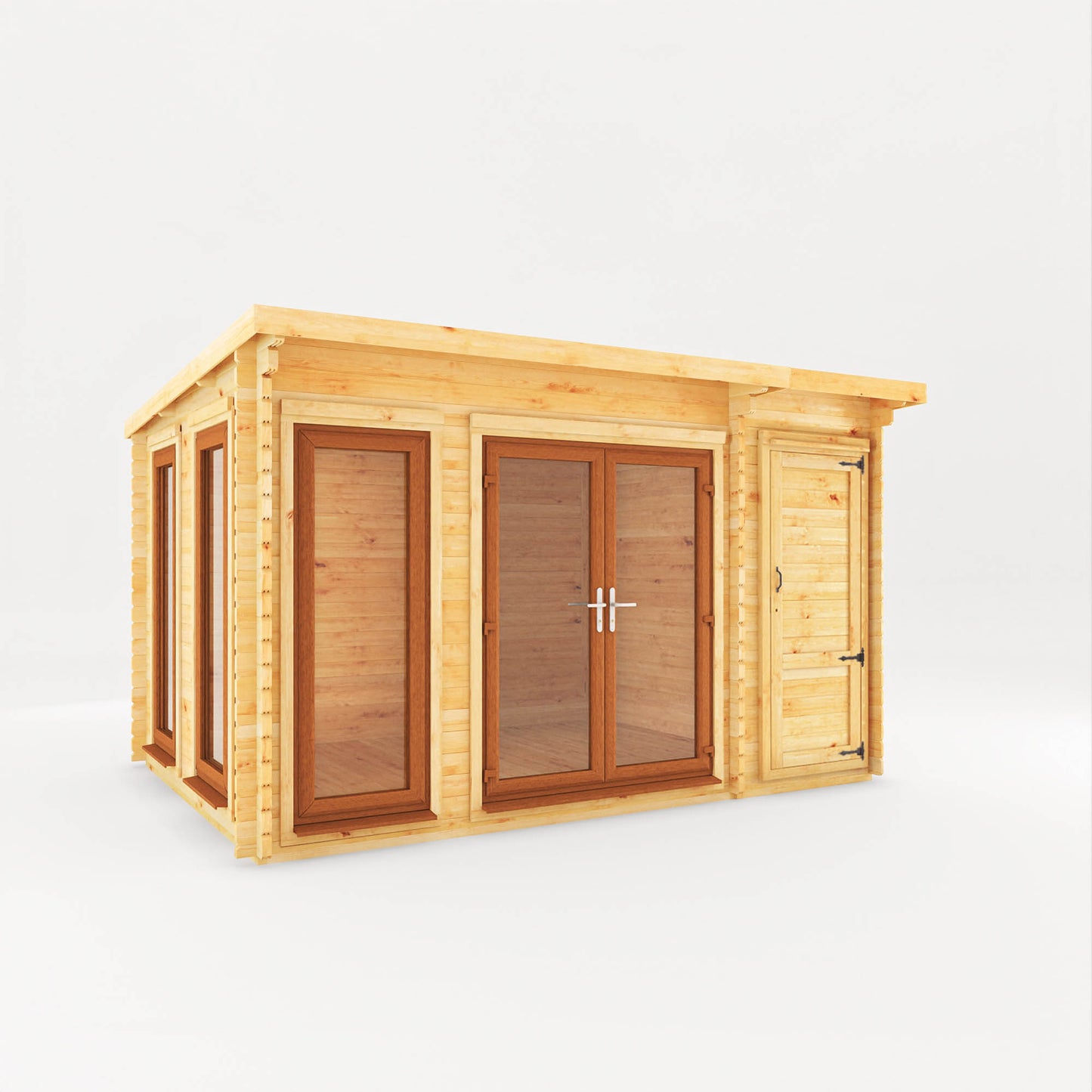 Mercia 4.1m x 3m Studio Pent Log Cabin With Side Shed - 44mm  (UPVC Windows & Door) - Oak Log Cabin