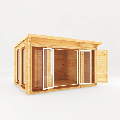 Mercia 4.1m x 3m Studio Pent Log Cabin With Side Shed - 44mm  (UPVC Windows & Door) - Oak Log Cabin