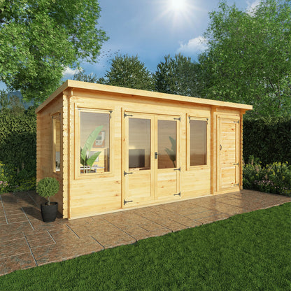 Mercia 5.1m x 3m Pent Log Cabin With Side Shed - 19mm Log Cabin