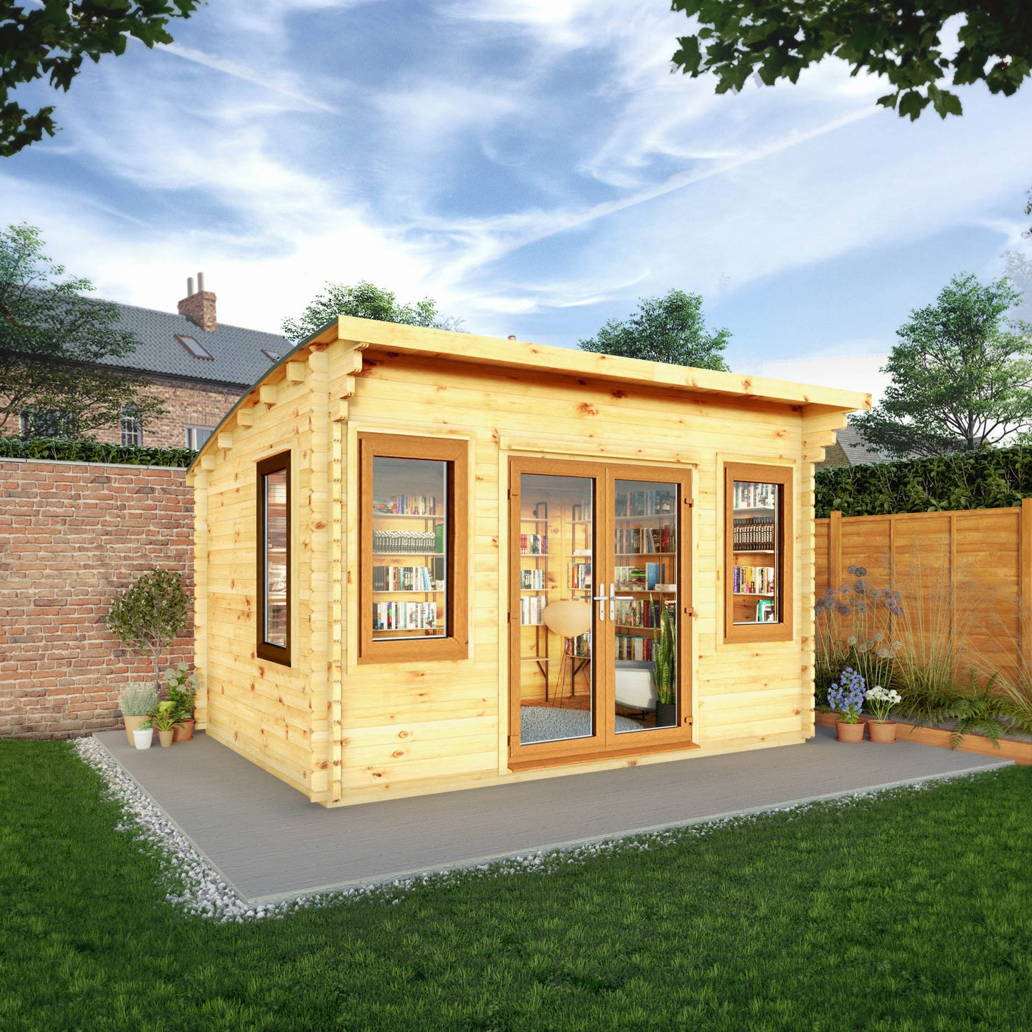 Mercia 4m x 3m Curved Roof Log Cabin - 44mm (UPVC Windows & Door) - Oak Log Cabin