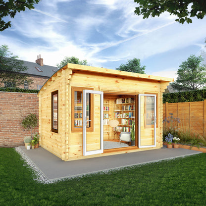 Mercia 4m x 3m Curved Roof Log Cabin - 44mm (UPVC Windows & Door) - Oak Log Cabin