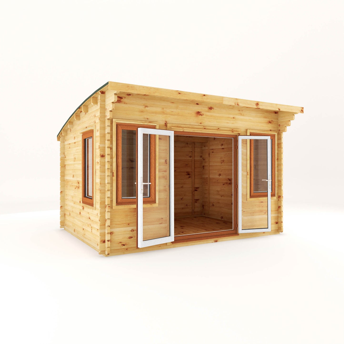 Mercia 4m x 3m Curved Roof Log Cabin - 44mm (UPVC Windows & Door) - Oak Log Cabin