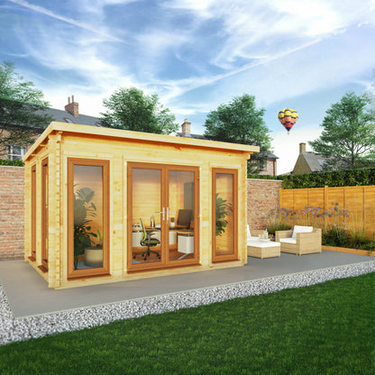 Mercia 4m x 3m Studio Pent Log Cabin - 44mm (UPVC Windows & Door) - Oak Log Cabin