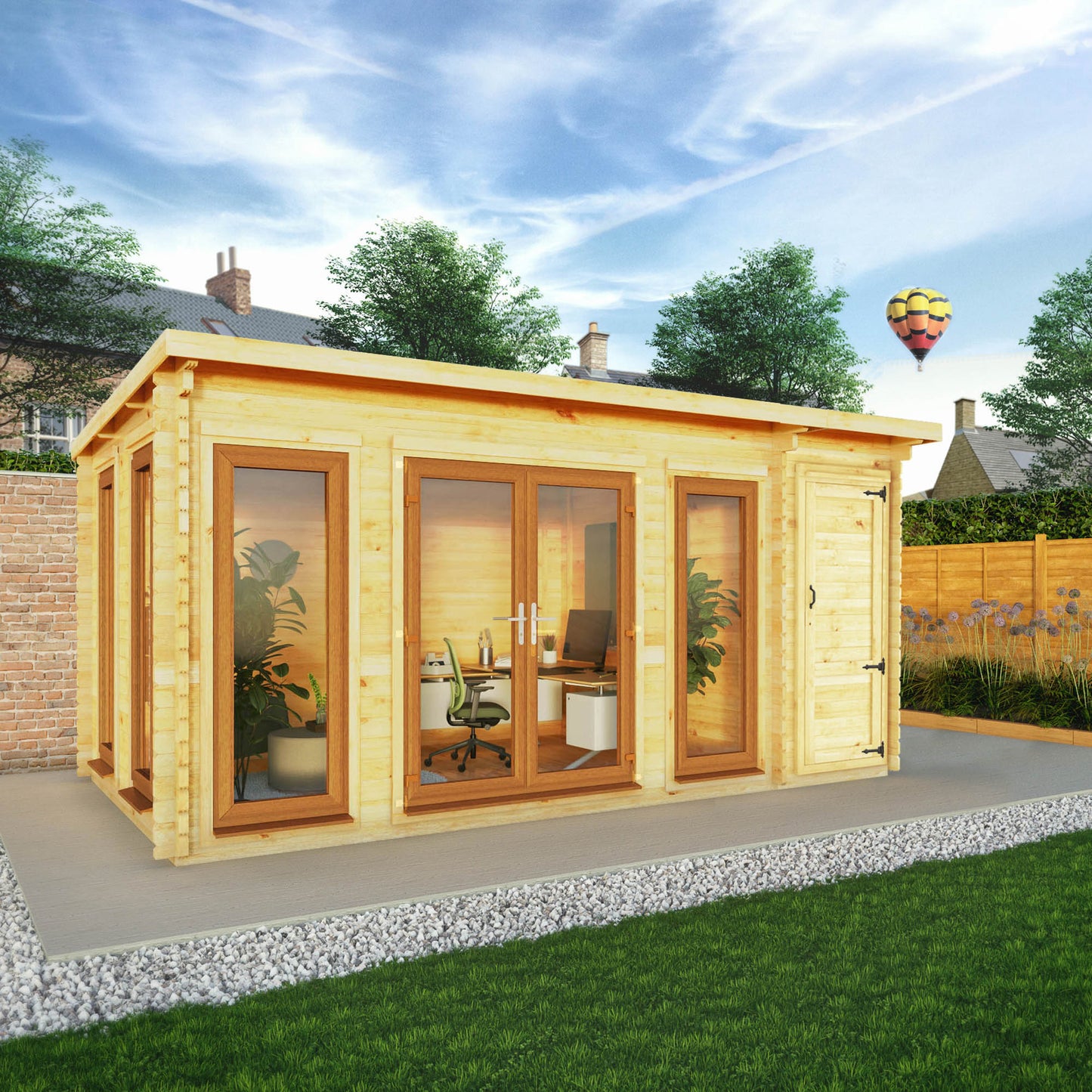 Mercia 5.1m x 3m Studio Pent Log Cabin With Side Shed - 44mm  (UPVC Windows & Door) - Oak Log Cabin