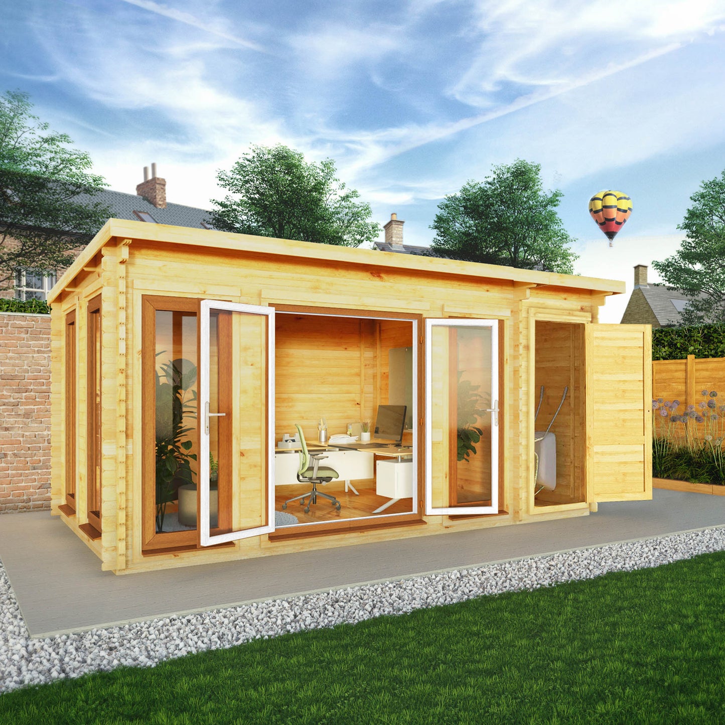 Mercia 5.1m x 3m Studio Pent Log Cabin With Side Shed - 44mm  (UPVC Windows & Door) - Oak Log Cabin