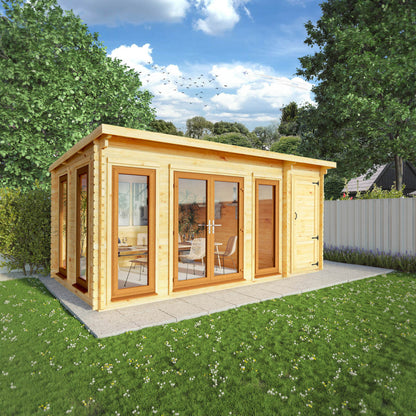 Mercia 5.1m x 3m Studio Pent Log Cabin With Side Shed - 44mm  (UPVC Windows & Door) - Oak Log Cabin