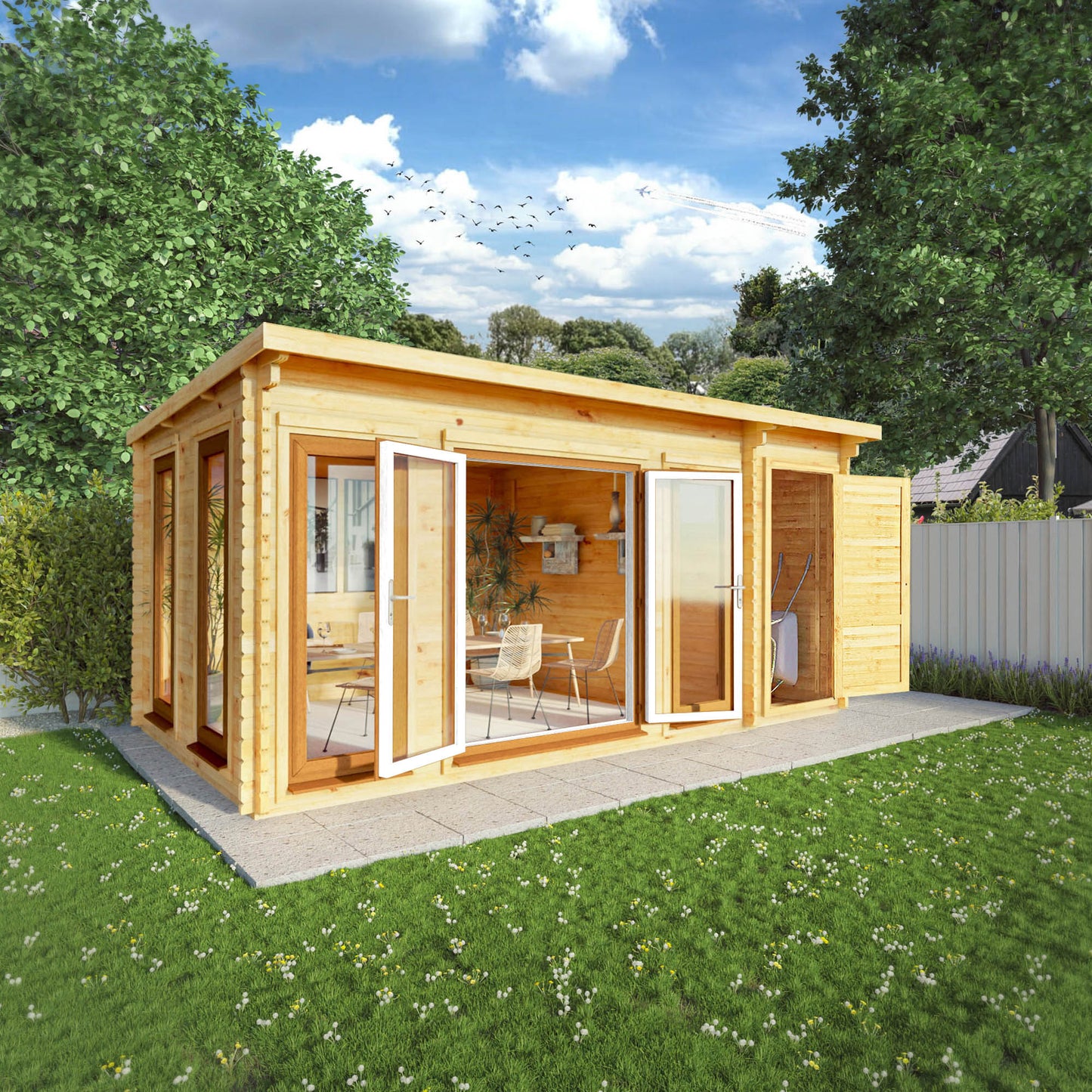 Mercia 5.1m x 3m Studio Pent Log Cabin With Side Shed - 44mm  (UPVC Windows & Door) - Oak Log Cabin