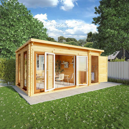 Mercia 5.1m x 3m Studio Pent Log Cabin With Side Shed - 44mm  (UPVC Windows & Door) - Oak Log Cabin