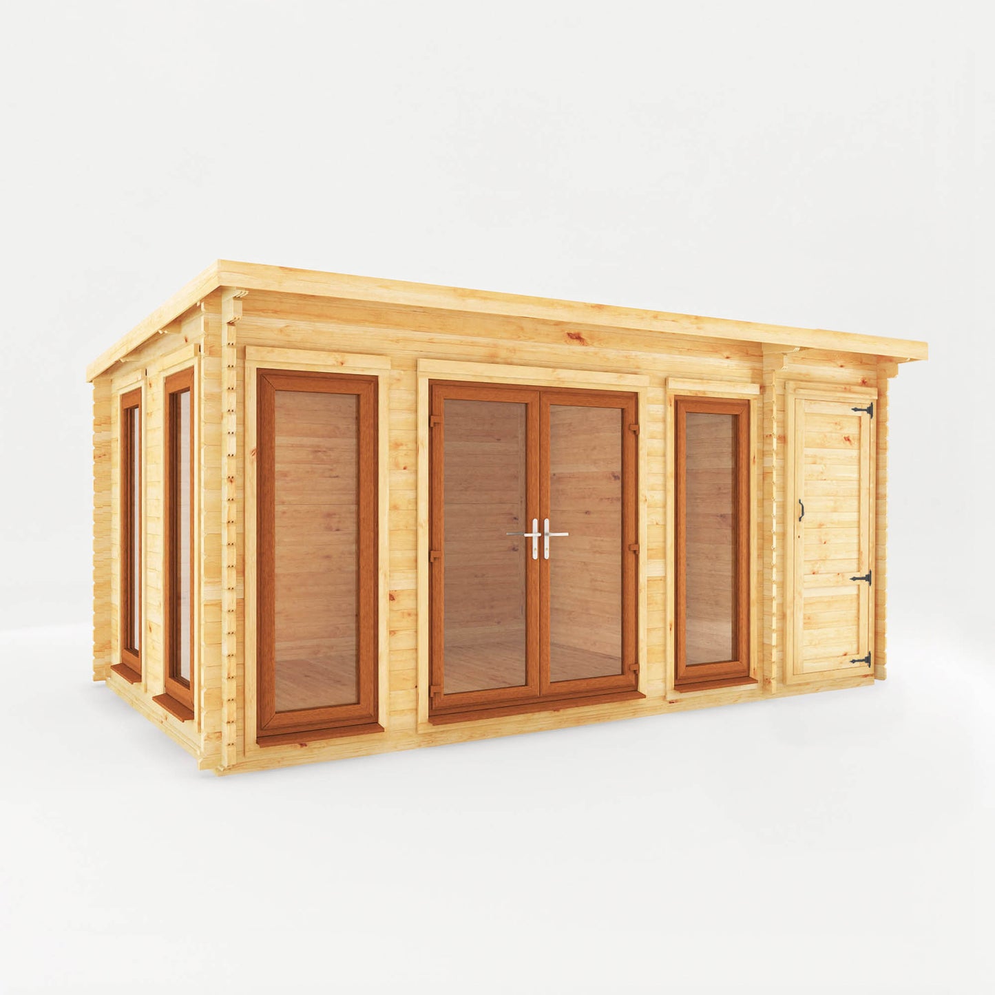 Mercia 5.1m x 3m Studio Pent Log Cabin With Side Shed - 44mm  (UPVC Windows & Door) - Oak Log Cabin