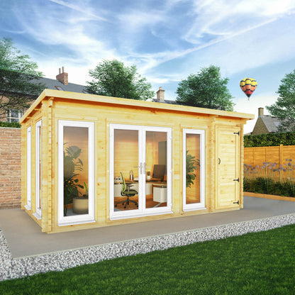 Mercia 5.1m x 3m Studio Pent Log Cabin With Side Shed - 44mm  (UPVC Windows & Door) - White Log Cabin