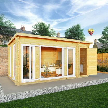 Mercia 5.1m x 3m Studio Pent Log Cabin With Side Shed - 44mm  (UPVC Windows & Door) - White Log Cabin