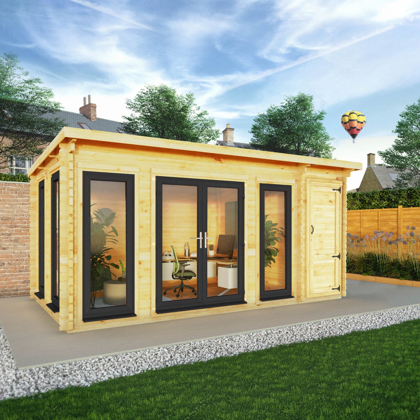 Mercia 5.1m x 3m Studio Pent Log Cabin With Side Shed - 44mm  (UPVC Windows & Door) - Grey Log Cabin