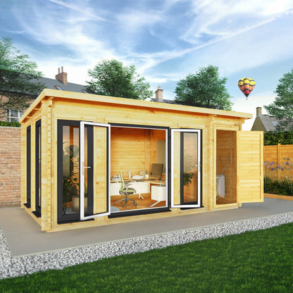 Mercia 5.1m x 3m Studio Pent Log Cabin With Side Shed - 44mm  (UPVC Windows & Door) - Grey Log Cabin