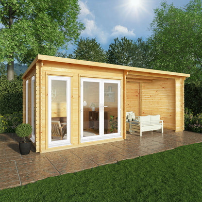 Mercia 6m x 3m Studio Pent Log Cabin With Patio Area - 44mm (UPVC Windows & Door) - White Log Cabin