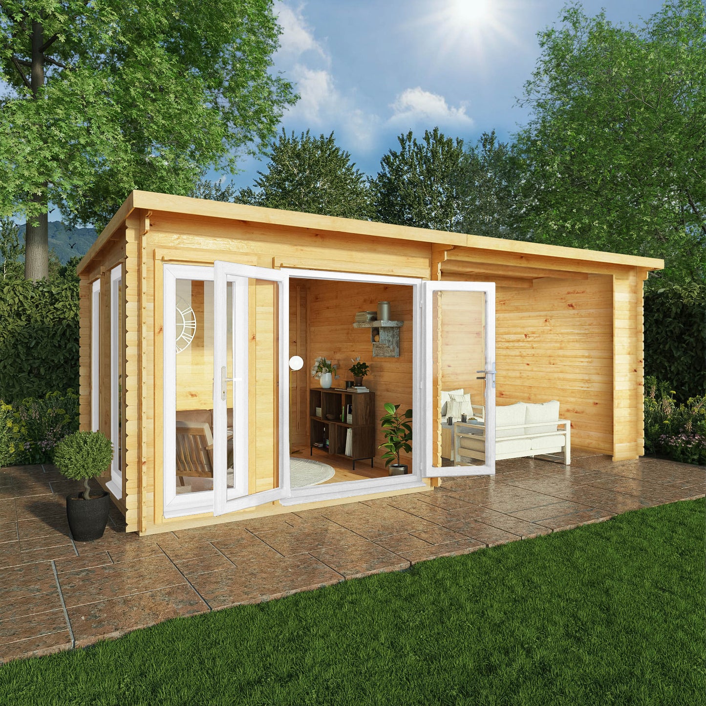 Mercia 6m x 3m Studio Pent Log Cabin With Patio Area - 44mm (UPVC Windows & Door) - White Log Cabin