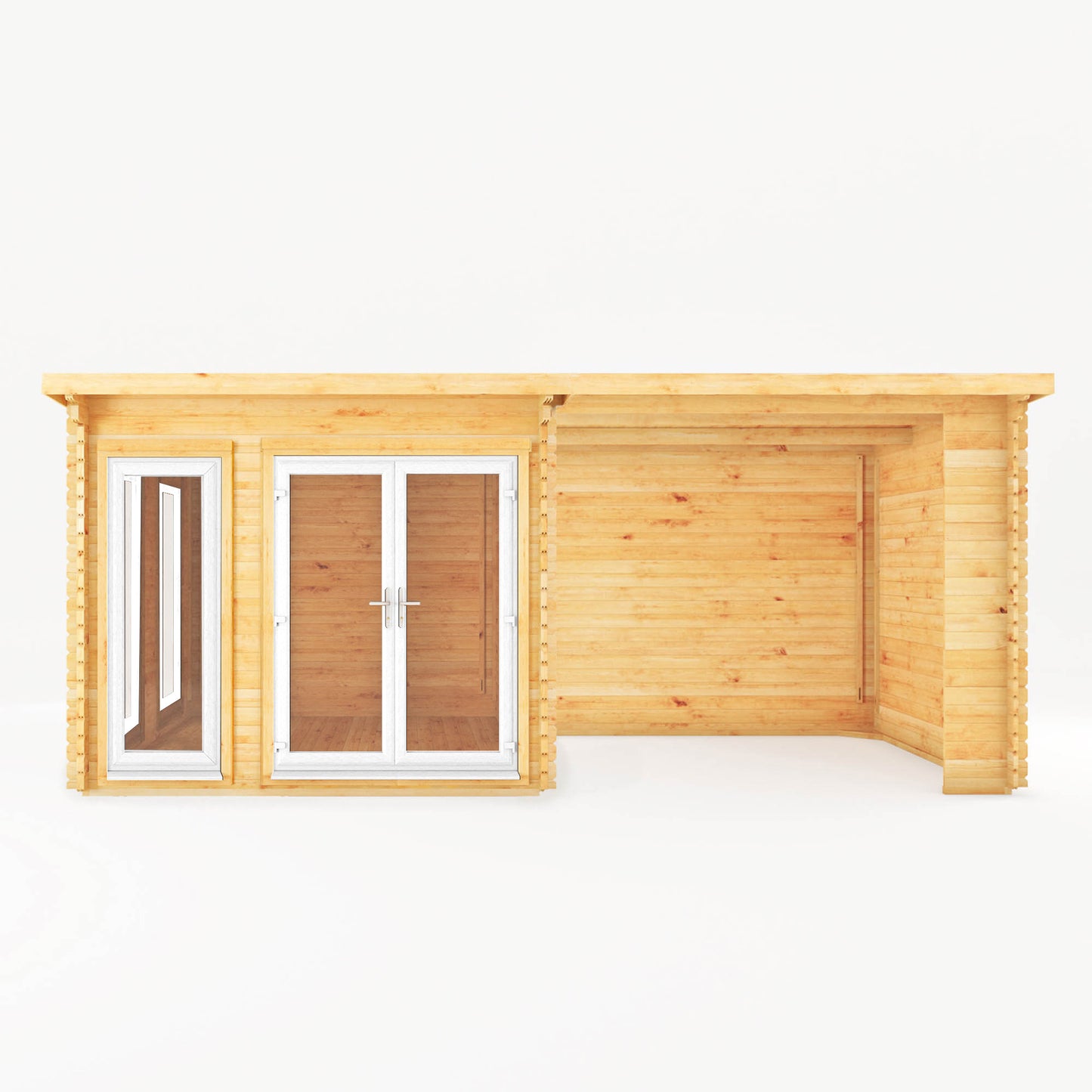 Mercia 6m x 3m Studio Pent Log Cabin With Patio Area - 44mm (UPVC Windows & Door) - White Log Cabin