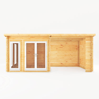 Mercia 6m x 3m Studio Pent Log Cabin With Patio Area - 44mm (UPVC Windows & Door) - White Log Cabin