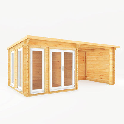 Mercia 6m x 3m Studio Pent Log Cabin With Patio Area - 44mm (UPVC Windows & Door) - White Log Cabin