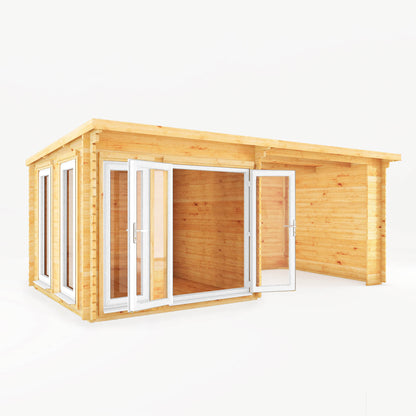 Mercia 6m x 3m Studio Pent Log Cabin With Patio Area - 44mm (UPVC Windows & Door) - White Log Cabin