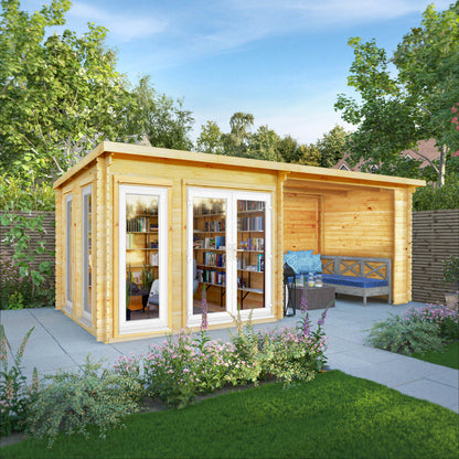 Mercia 6m x 3m Studio Pent Log Cabin With Patio Area - 44mm (UPVC Windows & Door) - White Log Cabin