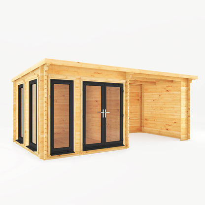 Mercia 6m x 3m Studio Pent Log Cabin With Patio Area - 44mm (UPVC Windows & Door) - Grey Log Cabin