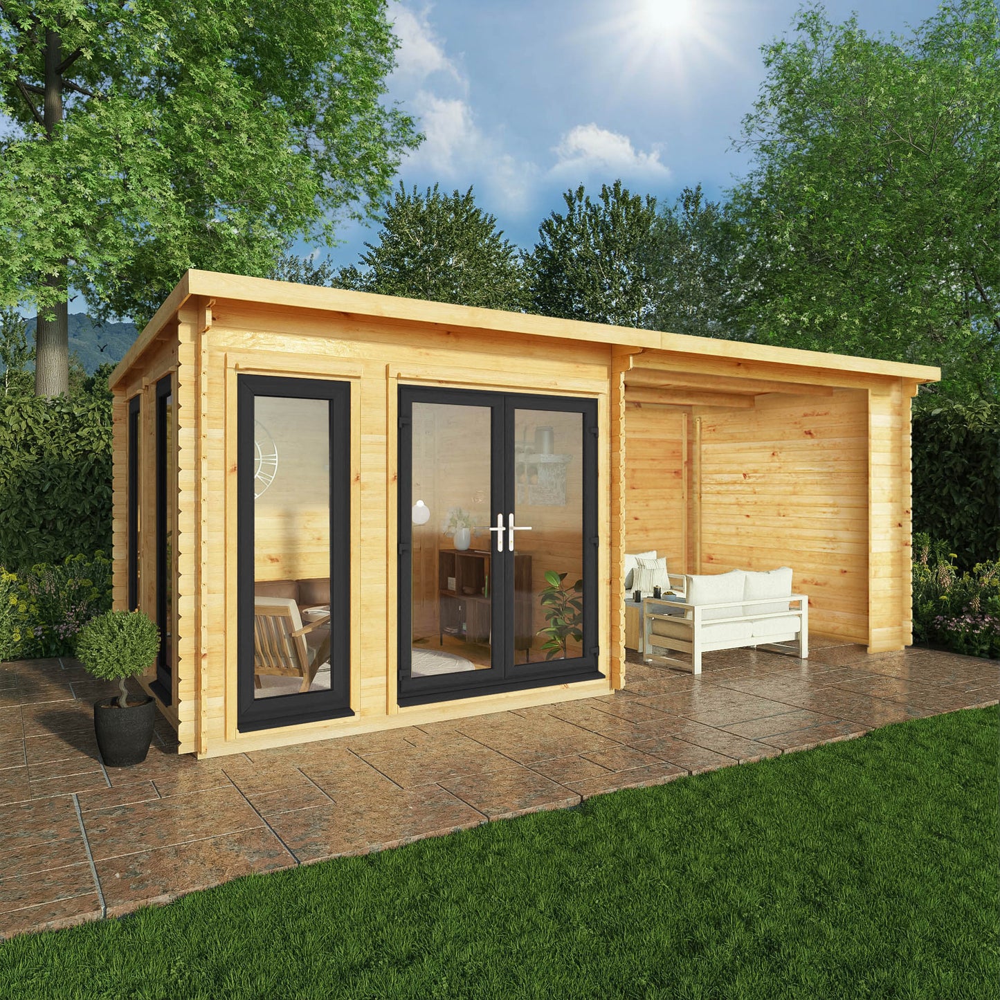 Mercia 6m x 3m Studio Pent Log Cabin With Patio Area - 44mm (UPVC Windows & Door) - Grey Log Cabin