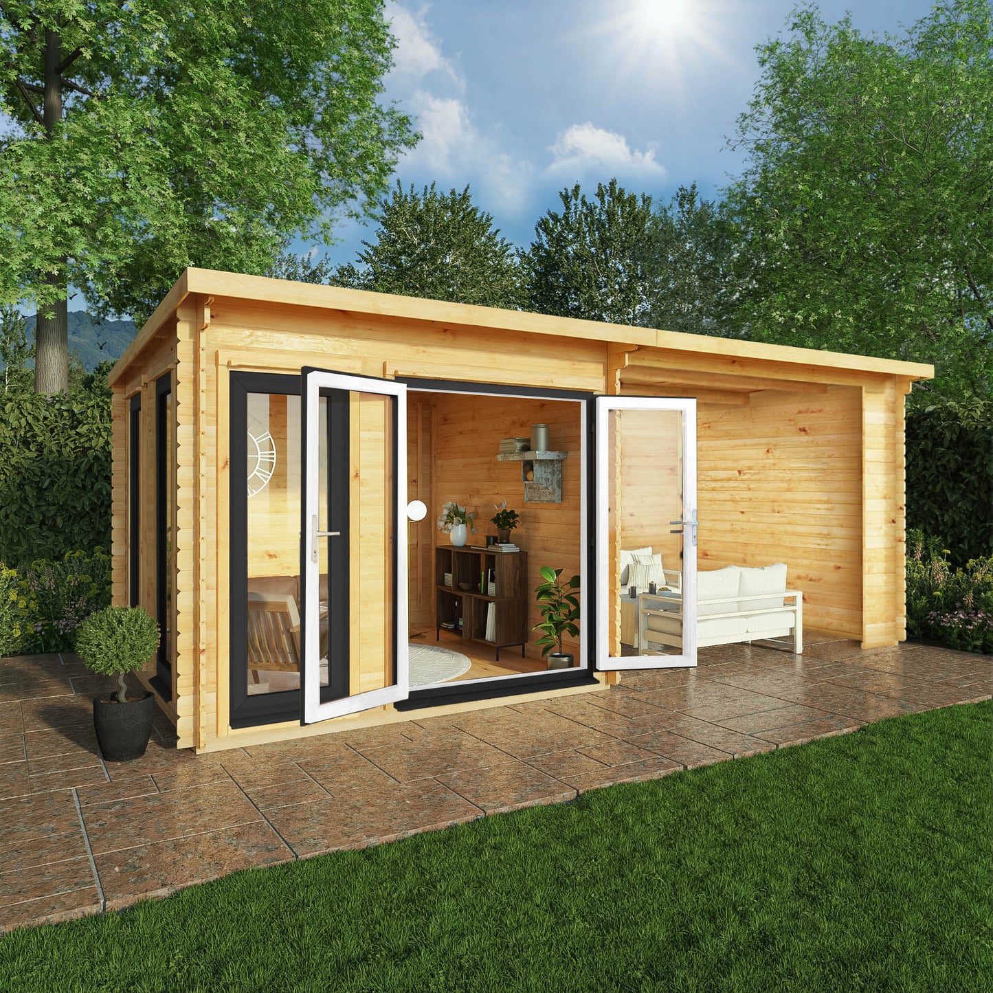 Mercia 6m x 3m Studio Pent Log Cabin With Patio Area - 44mm (UPVC Windows & Door) - Grey Log Cabin