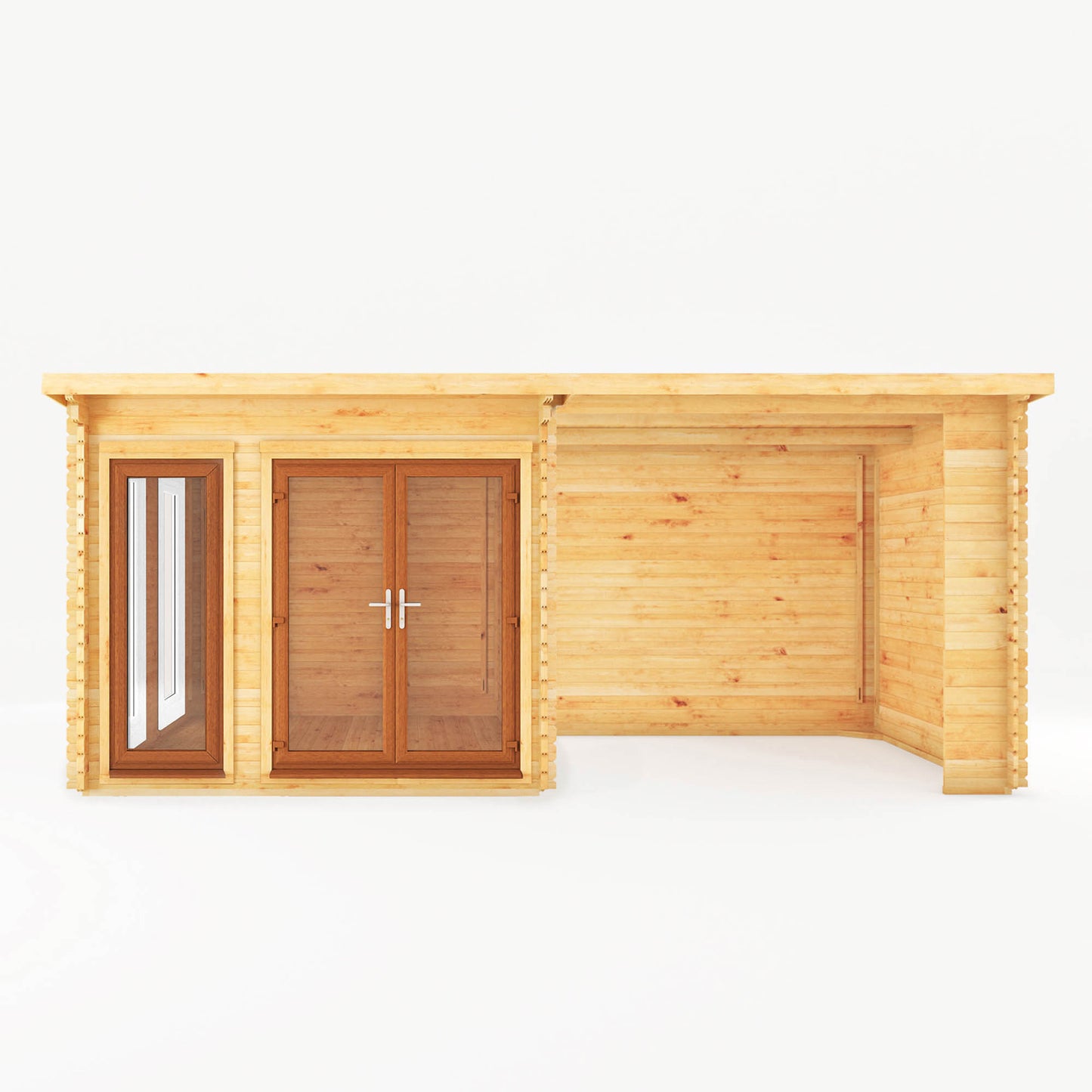 Mercia 6m x 3m Studio Pent Log Cabin With Patio Area - 44mm (UPVC Windows & Door) - Oak Log Cabin